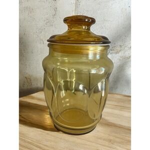 LE Smith Amber Glass Jar Canister Lid Pantry Storage Gold Thumbprint Vintage MCM